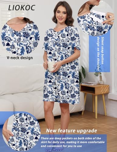 Image of Hospital Gowns for Women Open Back Tear Away Snap Post shoulder Dress Short Sleeve Soft Adaptive Clothing with Pockets