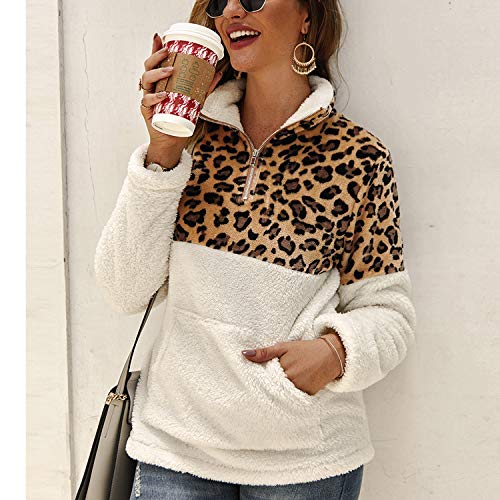 Women‘s Long Sleeve Leopard Block Zipper Sherpa Sweatshirt Soft Fleece Pullover Sweater Coat with Pockets White
