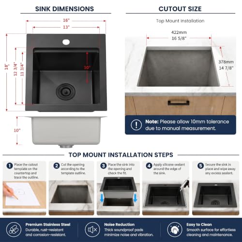 Image of LQS Matte Black Stainless Steel Sink Drop In, 16 inch x 18 inch Black Small Laundry Sink, Prep Sink with Cutting Board Drop In, Black Kitchen Sinks with Workstation Ledge For RV, Outdoor and Prep Use