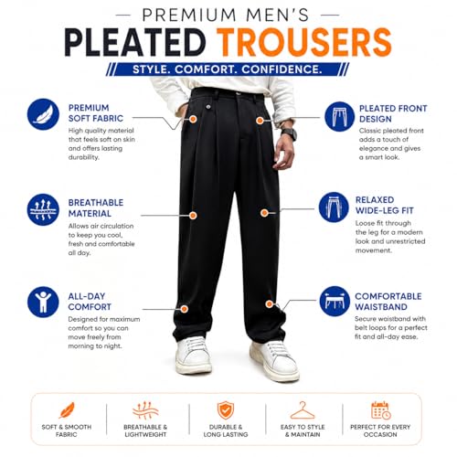 Image of Men's Relaxed Straight Leg Loose Fit Pleated Trousers | Mid-Rise Formal Pants with Zip Fly & Button Closure | Solid Regular Length Office Wear Trousers