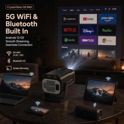 Image of AILKIN Projector 1080P Full HD Support 4K Decoding, Portable Projector with 5G WiFi Bluetooth, 250 Inch Max Display, 50000 Hrs Lamp Life, Home Theater Outdoor Movie Projector