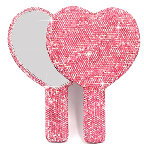 Bestbling Miroir de poche en forme de cœur en strass – Miroir de maquillage portable et éblouissant pour les retouches en déplacement (plastique rose)