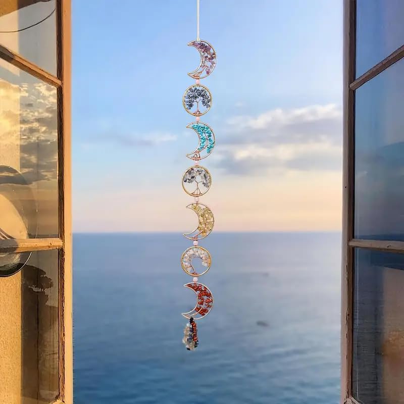 Dream Catchers Craft Ornament with Crystal Agate Color Natural Gem Agate Moon Wall Hangings Room Garden Xmas Wedding Decor (Li Wo Qian Xiao)