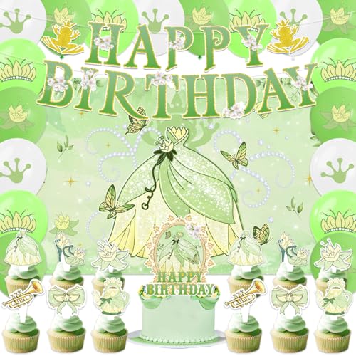42pcs Princess and Frog Birthday Party Decorations Includes Cake Toppers Cupcake Toppers Banner Backdrop Balloons - Princess and Frog Theme Party Supplies Set for Baby Shower