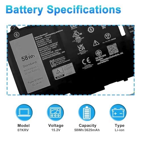 Image of 58Wh 07KRV Laptop Battery Replacement for Dell Latitude 5430 5530 5530 7330 7430 7530 Precision 3570 P104F P104F005 P137G P137G004 Series H4PVC 0H4PVC 4FVJG O7KRV 08WRCR 078FWY Y86WG 0Y86WG 15.2V