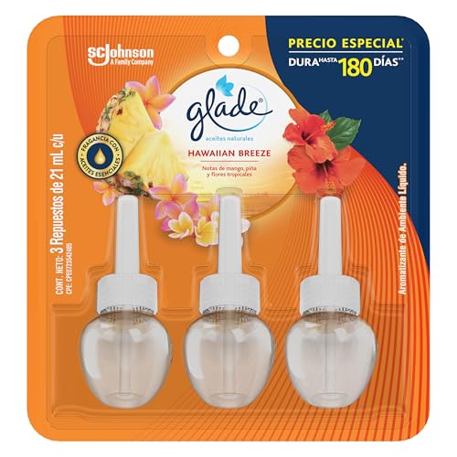 La mejor selección de Fragancias para el hogar - los preferidos. 45 Glade Aceites Naturales Hawaiian Breeze, Aromatizante para Hogar con Fragancia Continua Hasta por 150 Días, 3 Repuestos de 21 ml