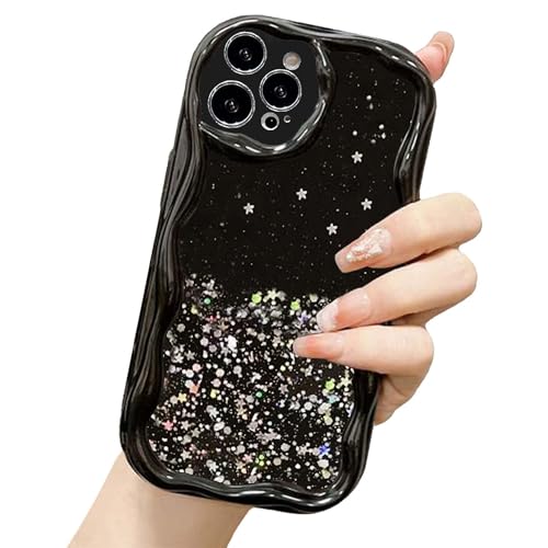 Image of KC Back Cover for Samsung Galaxy A35 5G - Non Moving Dry Fixed Glitter Curly Wave Shape Shockproof Bumper Soft Silicone Case with Camera Protection (Black)