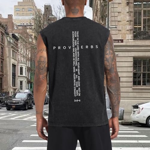 Image of Christian Gym Workout Tank Tops for Men Vintage Bible Verse Cross Graphic Sleeveless Muscle Shirts Acid Wash Tanks Top