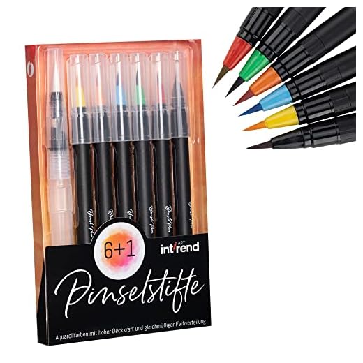 int!rend Juego de 7 rotuladores con pincel I 6 colores de acuarela, 1 pincel de depósito de agua I Set de inicio óptimo - Brush Pen, lápices con punta de pincel flexible, diarios, caligrafía