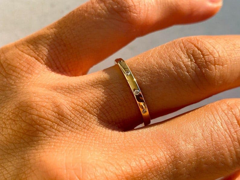 Flush Set Diamond Band/Dainty Diamond Ring / 14k Solid Gold Diamond Wedding Ring for Women/Stacking Ring/Wedding Gift - GJH2114