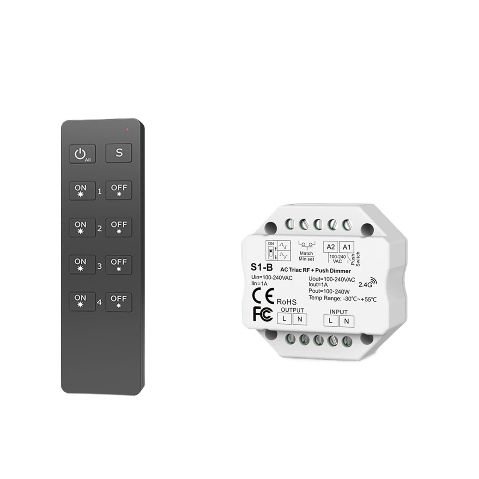 2.4G AC Triac LED Dimming Controller 110V 220V 230V Button Switch Wireless 1/4 Zone RF Remote Control Monochrome Lighting(S1 B and R1)