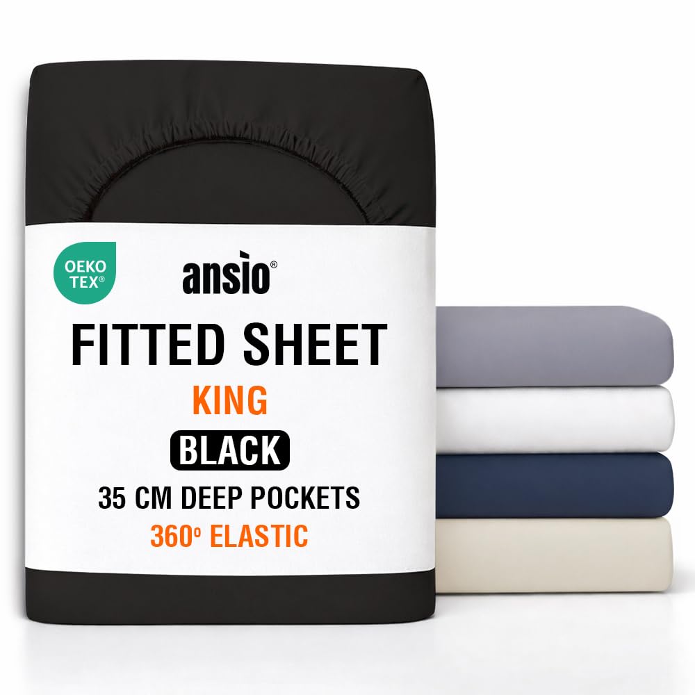ANSIO® King Size Fitted Sheet Soft Brushed Microfibre Fabric – Deep Pocket 35cm – All-Around Elastic – OEKO-TEX Certified – Easy Care & Naturally Smooth After Wash - Black — image 1