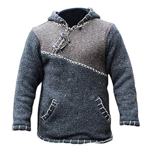 Image of Shopoholic Fashion Men Cross Zipped Patchwork Fleece Lined Long Sleeve Boho Hippie Hoodie Woollen Jacket