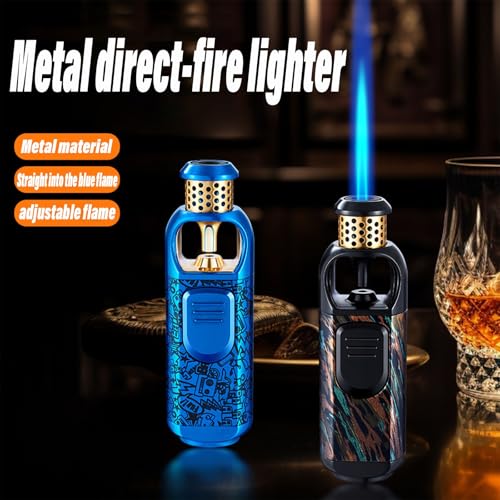 Encendedor portátil metálico a butano, llama azul, negro miniatura 3