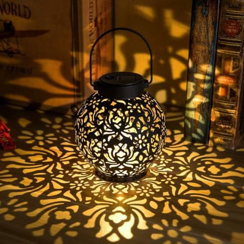 Image of 2 Pack Outdoor Solar Hanging Lantern Lights Metal LED Decorative Lamp for Garden Patio Courtyard Lawn and Table with Hollowed-Out Design (Antique Bronze)