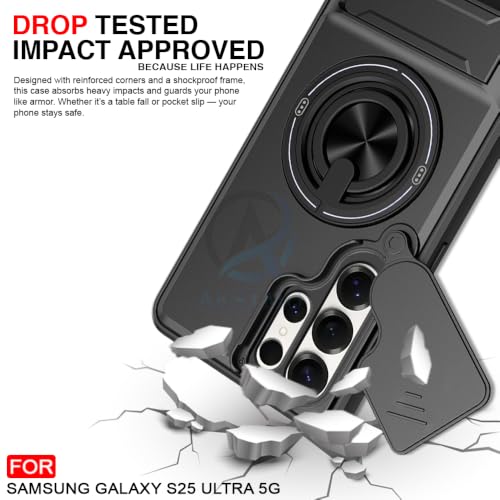Image of AESTMO Samsung S25 Ultra 5G Back Cover | Armor Camera Slider 360 Degree Rotating Finger Ring Holder Case with Bracket Stand Back Case Cover (Compatible with MagSafe Accessories) (Black)