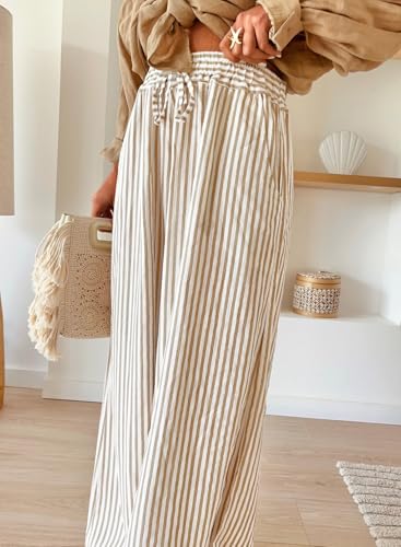 Acelitt Women Casual Drawstring Elastic Waist Striped Wide Leg Pants with Pockets, S-XXL2