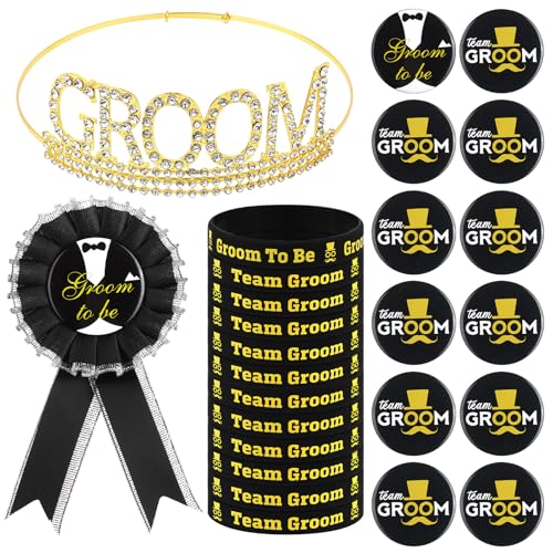 CNSJ 27 peças de acessórios de despedida de solteiro para homem, preto e dourado, decoração de noivo com banda de namorado, broche de insígnia de coroa, pulseiras de silicone para namorado, casamento,