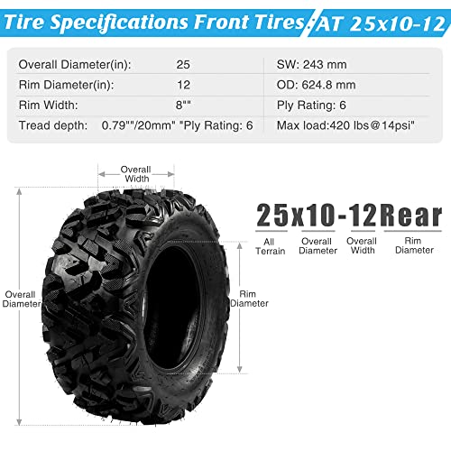 Motorhot Set Of 4 All Terrain Atv Utv Tires 25X8-12 Front & 25X10-12 Rear 6Pr Tubeless #TOP2