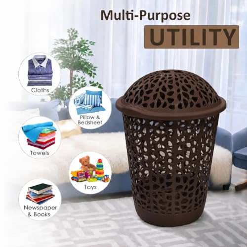 Image of KITCHIVO Plastic Large 55 Ltr Laundry Basket with Lid & Handle | Multipurpose Hamper Bins Storing Washable Clothes, Blankets | Household Ideal for Home & Bathroom (Round Brown)