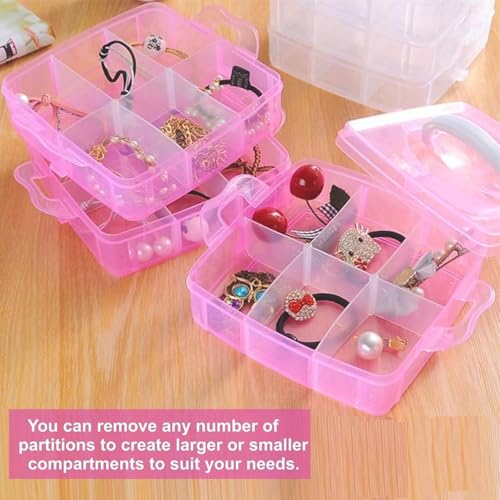 Image of UCRAVO Pink Storage Organizer 3 Layer with 18 Grid Earring Storage Box, Portable Jewelry Craft Accessories Storage Box Basket Container with Collapsible and Removable Dividers Visible for Accessories