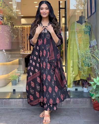 Image of Dress for Women | Anarkali Maxi Dresses | Three Piece | Embroidered Flared | Cotton Printed | with Pant and Dupatta | Long | Black
