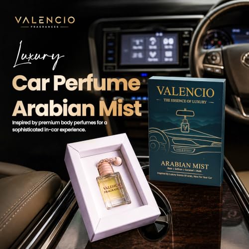 Image of Valencio Luxury Car Perfume Arabian Mist - Saffron & Rose Hanging Diffuser | Fragrance Inspired by Body Perfumes | Oud-Inspired Car Scent | Essential Oils | Up to 45 Days
