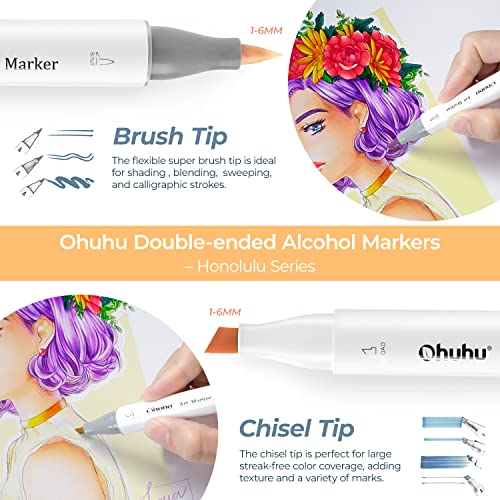 Ohuhu Alcohol Markers Brush Tip: Double Tipped Art Marker Set For Artist Adults Coloring Sketching Drawing Alcohol-Based Ink - Brush Chisel Dual Tips - Honolulu - 48 Colors W/ 1 Blender And Case #TOP1