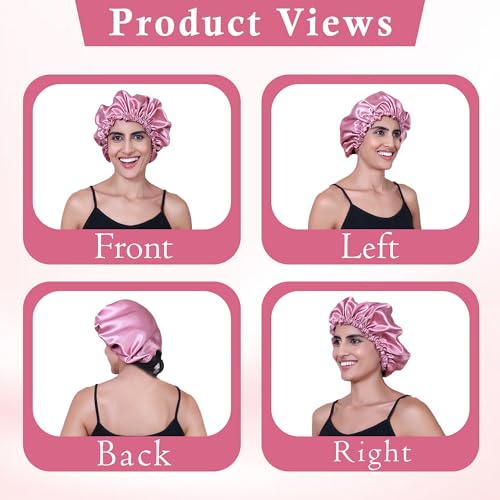Image of GLUN Hair Bonnet Cap with 3 Satin Scrunchies Combo, Soft Pink Satin Cloth Bonnet Cap Prevents Hair Breakage, Ideal for Curly & Natural Hair, Frizz Control & Moisture Retention
