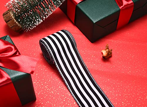 Christmas Ribbon For Tree, Black And White Striped Ribbon Wired Vertical Fabric Ribbon For Gift Wrapping Farmhouse Home Decor Birthday Christmas Halloween Thanksgiving, 2 Rolls, 2.5" X 6 Yard #TOP6