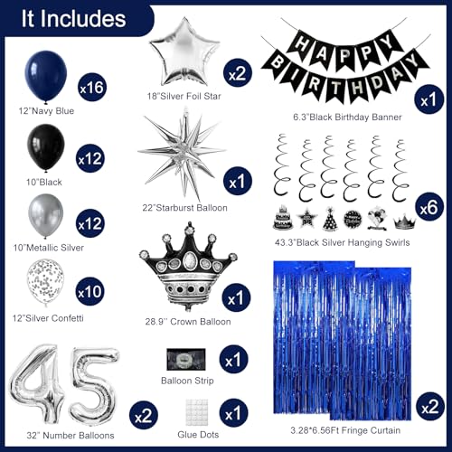 45th Birthday Decorations for Men and Women, Black Blue Silver Happy Birthday Number 45 Balloons, Banner, Fringe Curtains Garland Kit - 45 Year Old Party Supplies by NANINUNENO - Image 2