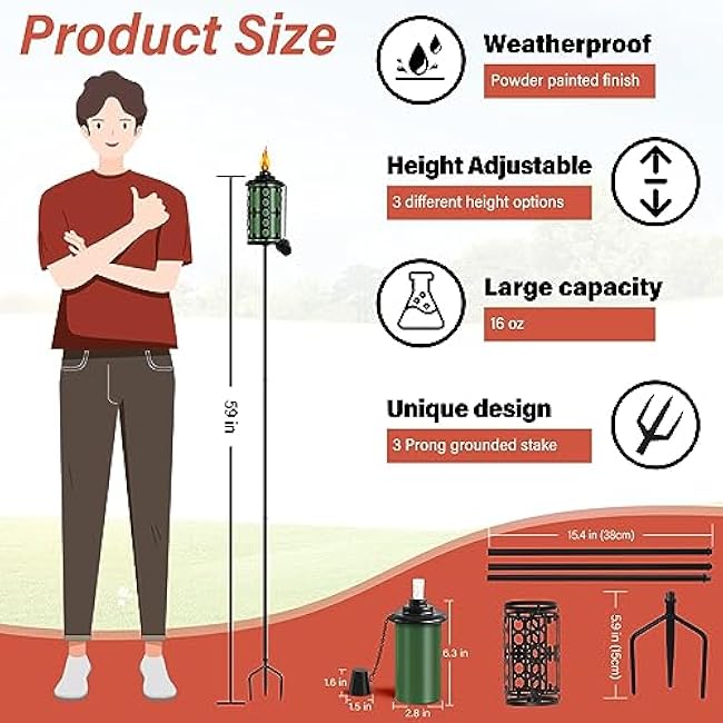 16oz Home Garden Torch, 6 Pack Outdoor Metal Torch Garden D¹Ècor,59-Inch Upgraded Citronella Torches with 3-Prong Grounded Stake, Metal Light Torches for Party Patio Pathway