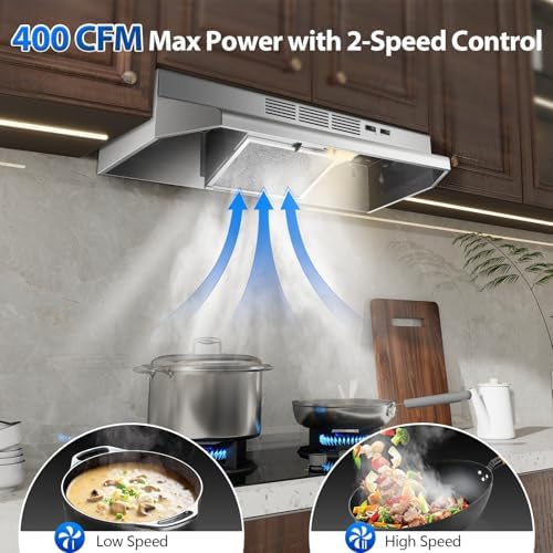 Tieasy 30 inch Range Hood Under Cabinet, 400 CFM Ducted/Ductless Convertible Vent Hood with 2 Speed Exhaust Fan, Rocker Switch Control, Multiple Venting Options, Stainless Steel Kitchen Stove Hood
