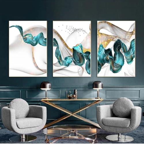 Peinture toile rubans verts abstrait mur art decoration moderne affiche salon triptyque 40x60