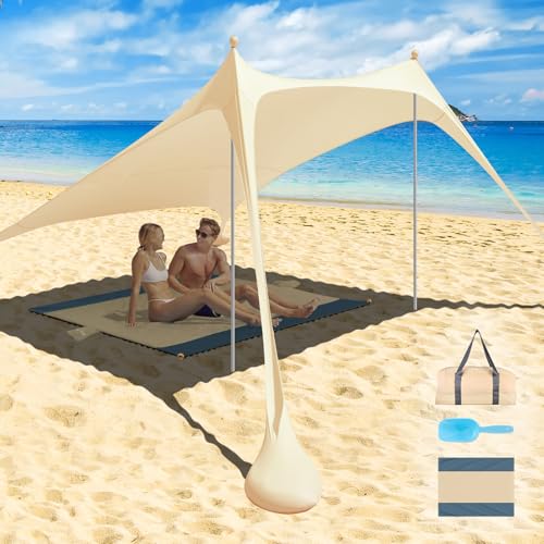 Beach Tent Sun Shelter Portable Canopy Sunshade Pop Up Beach Tent UPF50+ with Awning Carpet Sand Shovel Carrying Bag Perfect for Beach Camping Fishing Backyard Fun (2.4x2.4M 2Poles Beige)