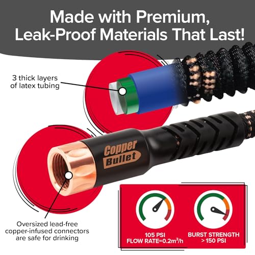 Pocket Hose Copper Bullet Expandable Garden Hose 100 FT w/10 Pattern Thumb Spray Nozzle AS-SEEN-ON-TV 650psi 3/4 in Patented Lead-Free Ultra-Lightweight Solid Copper Anodized Aluminum FittingsNo-Kink