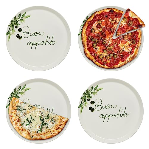 KHG 4er set Pizzateller extra groß mit 30cm Durchmesser in Buono appetito Print perfekt für Gastro und Zuhause hochwertiges Porzellan Spühlmaschinengeeignet & perfekt Stapelbar