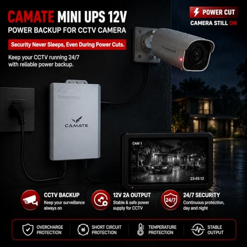 Image of Camate Mini UPS 12V Power Backup for WiFi Router & CCTV Camera | 3600mAh Battery, 4-6 Hr Backup | Weatherproof Outdoor Use | 12V 2A Output | Plug & Play | Safety Protection