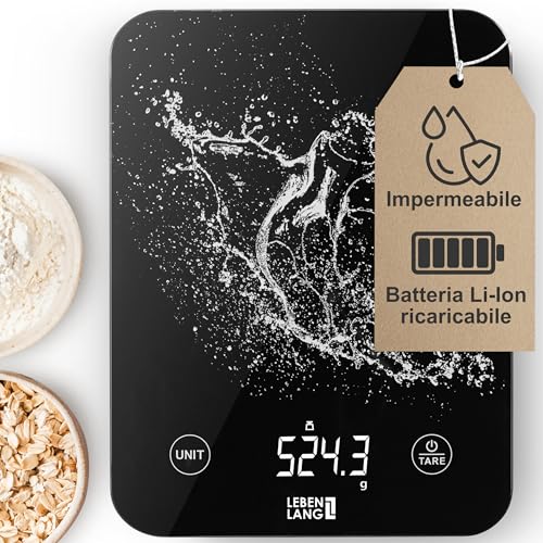 LEBENLANG Bilancia cucina digitale impermeabile - Ricaricabile tramite USB & Incl. Cavo di ricarica I Fino a 10 kg I Bilancia cibo Pesa da cucina & alimenti professionale Kitchen scale Bilance pasta