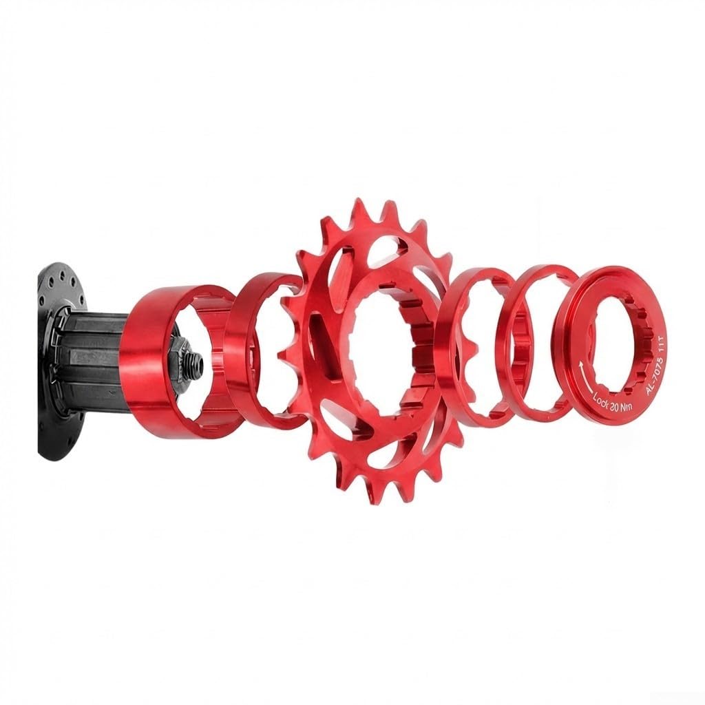 VEYFIY Single Speed Bike Freewheel Cog, 16T/18T CNC Aluminum Alloy, for MTB Fixed Gear Conversion with Spacers and Lockring, Black(Red-16T)