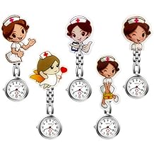 Ladies Nurse Watch Cute Cartoon Clip-on Lapel Hanging-Pendant Doctor Clinic Staff Tunic Stethoscope Badge Quartz Fob Pocket Watch - 5 Pack