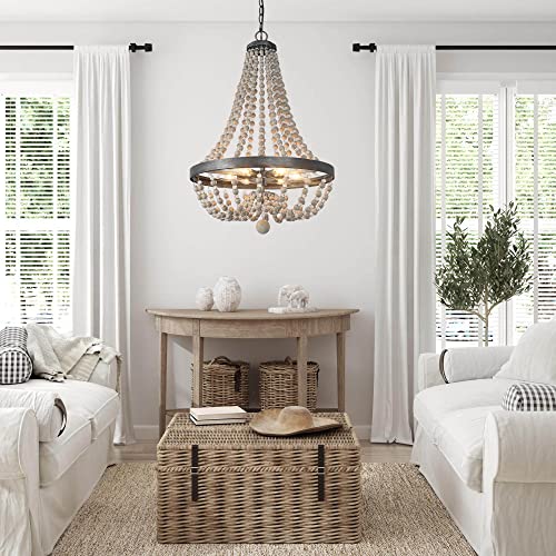 Laluz Farmhouse Chandelier, Boho Light Fixture For Dining Room, Bedroom, Handmade Wood Beads, 6-Light, 28.3" H X 20.1" W #TOP2