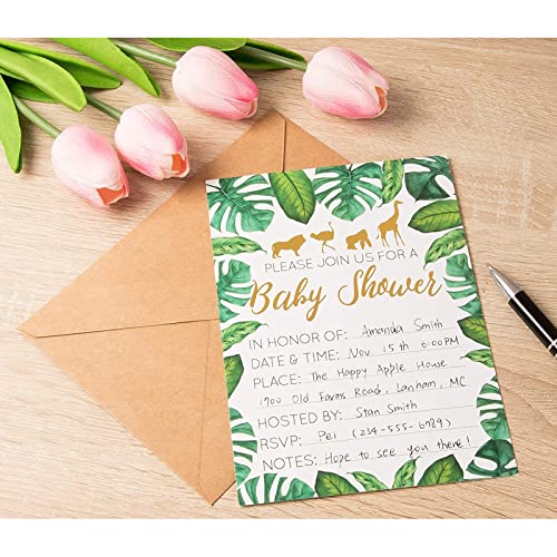 Baby Shower Invites - 36 Fill-In Baby Shower Invitations W/ Envelopes, Tropical Safari Animal Theme, Green Palm Leaves With Gold Foil Designs, Party Supplies For Baby Showers Or Parties, 5 X 7 Inches #TOP2