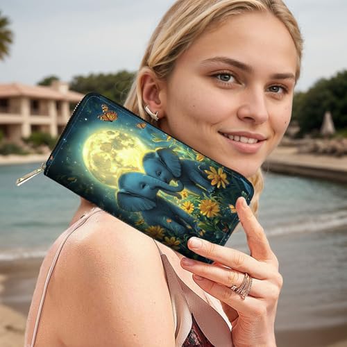 Image of RFID Blocking Leather Wallet for Women - Large Capacity Zip Around Clutch with 8 Card Slots,42 Cash Pockets & Coin Zipper,Cute Elephant