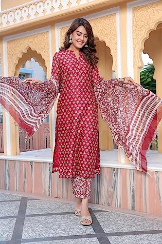 Greciilooks Women Cotton Blend Casual Regular Fit Kurta Set (Red, Large)
