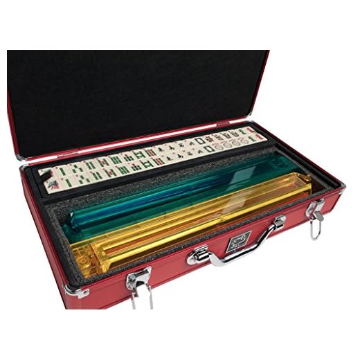 American Mah Jongg Set by White Swan – 166 Ivory Colored Engraved Tiles – 4 x All-in-One Rack/Pushers – Aluminum Case - Red