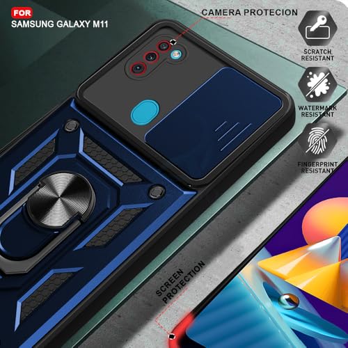 Image of AESTMO Tough Armor Samsung Galaxy M11 Bumper Back Case Cover | Ring Holder & Sliding Camera Shield Cover | 360 Degree Protection Back Case Cover for Samsung Galaxy M11 (Blue)