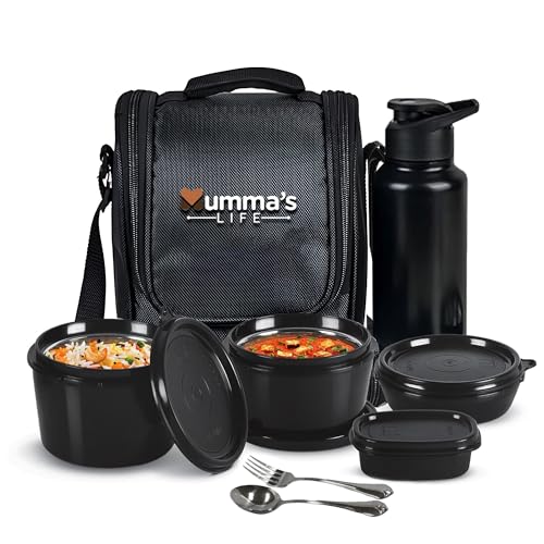 Image of Mumma's LIFE Lunch Box for Office Use - Microwave Safe 3-Container Tiffin Box for Men (250ml, 400ml, 600ml) with BPA-Free Lids, 130ml Pickle Box, 750ml Steel Bottle, Insulated Bag & Steel Cutlery