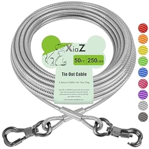 XiaZ Dog Tie Out Cable 50ft, Outdoor Runner Lead Chain Tether for Small Medium Large Dogs, 5mm Diameter Cable,11000 lbs Break Strength, Reflective Silver