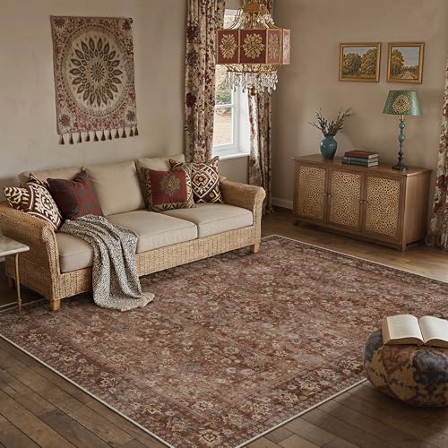 PureCozy Large Area Rug Living Room 160x230cm, Vintage Soft Washable Rugs with Non-Slip Backing, Machine Washable, Lightweight Low-Pile Carpet for Kitchen, Office, Dining Room, Red